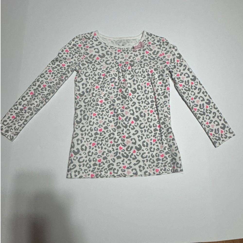 The Children's Place Girls Size 6X Grey Leopard Heart Print Long Sleeve Top Bow